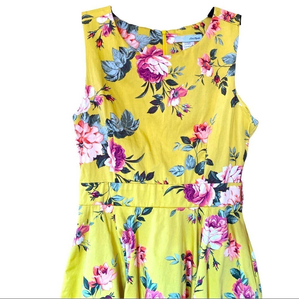 Yellow Floral Sleeveless Fit Flare Midi Dress Belted Summer Garden‎ Party Medium - Picture 5 of 7